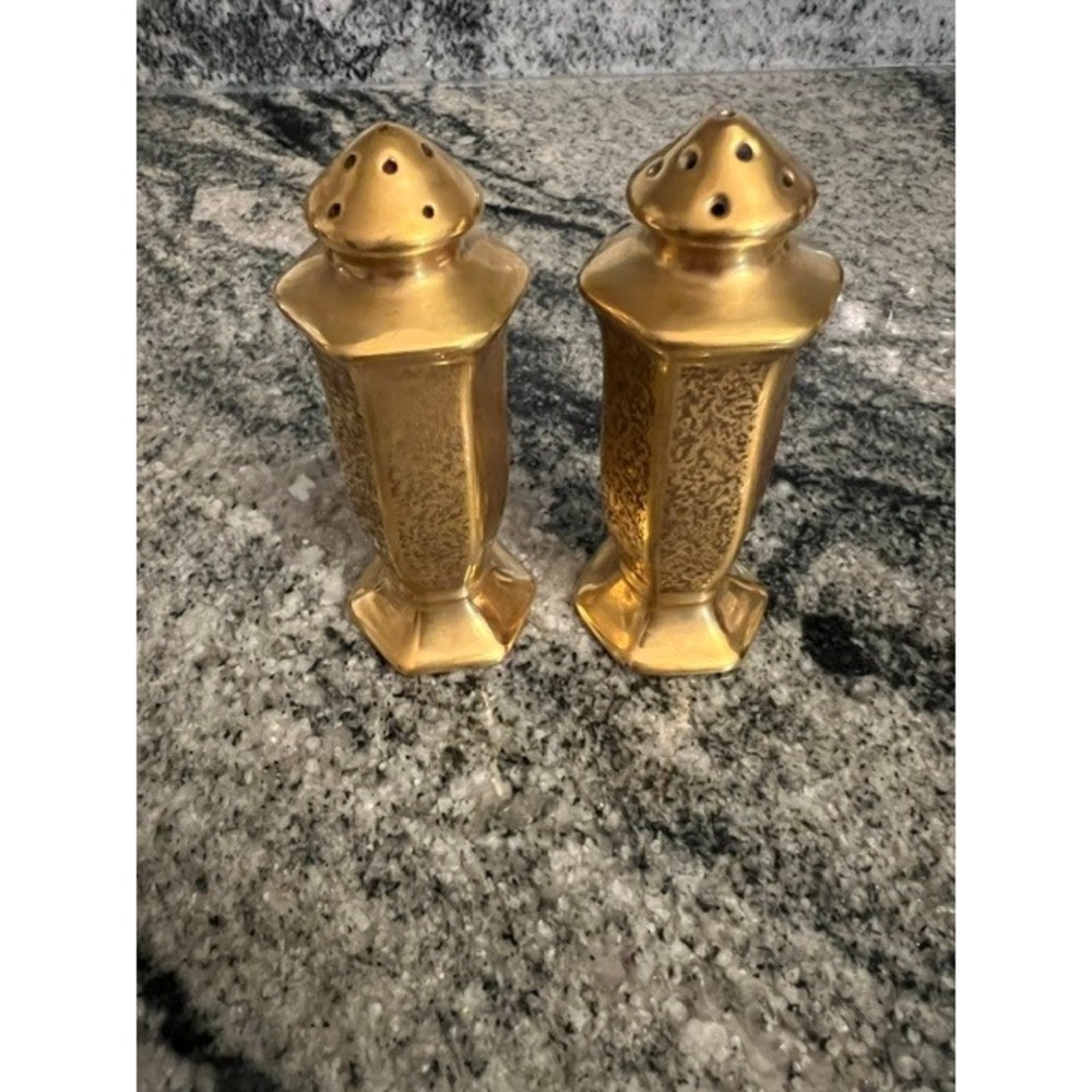 Pickard China Salt and Pepper Shakers Gold Encrusted Vintage Art Deco Set